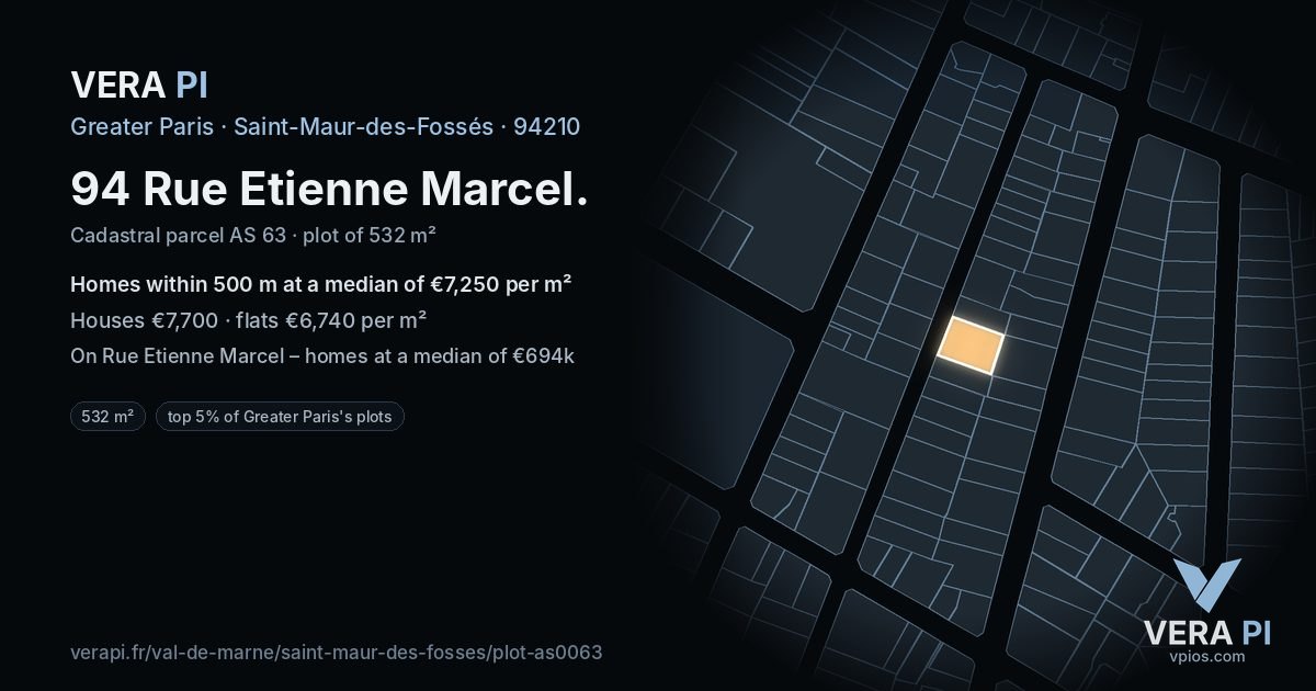 94 Rue Etienne Marcel, Saint-Maur-des-Fossés at night – the plot lit, the parcels around coloured by the prices near them