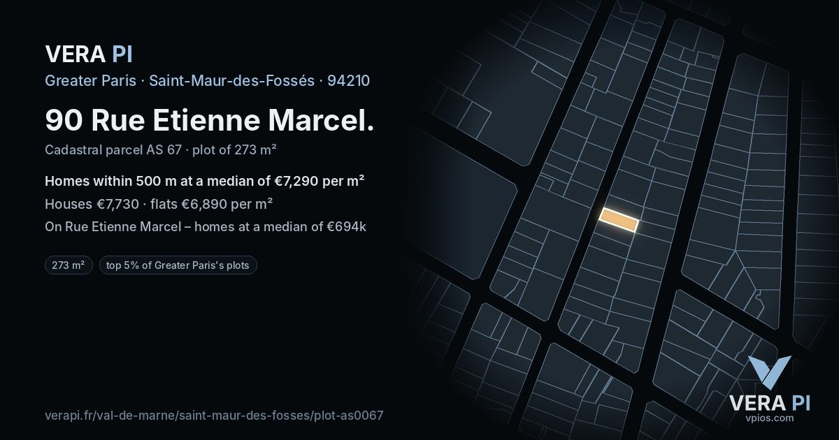 90 Rue Etienne Marcel, Saint-Maur-des-Fossés at night – the plot lit, the parcels around coloured by the prices near them