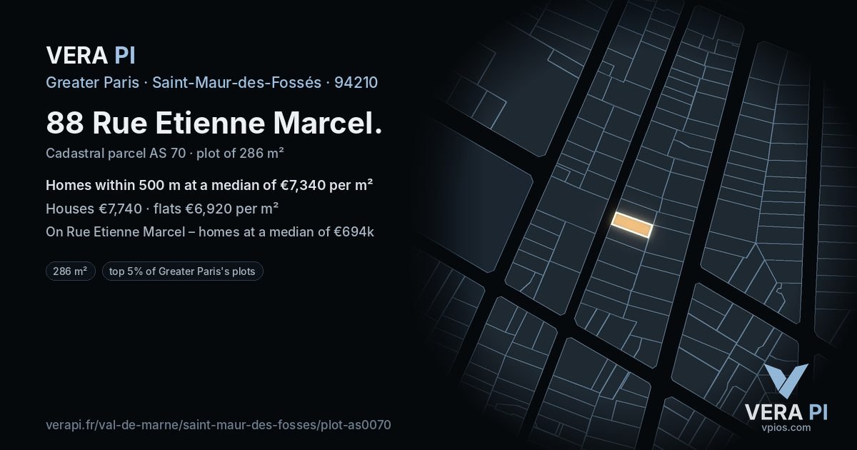 88 Rue Etienne Marcel, Saint-Maur-des-Fossés at night – the plot lit, the parcels around coloured by the prices near them