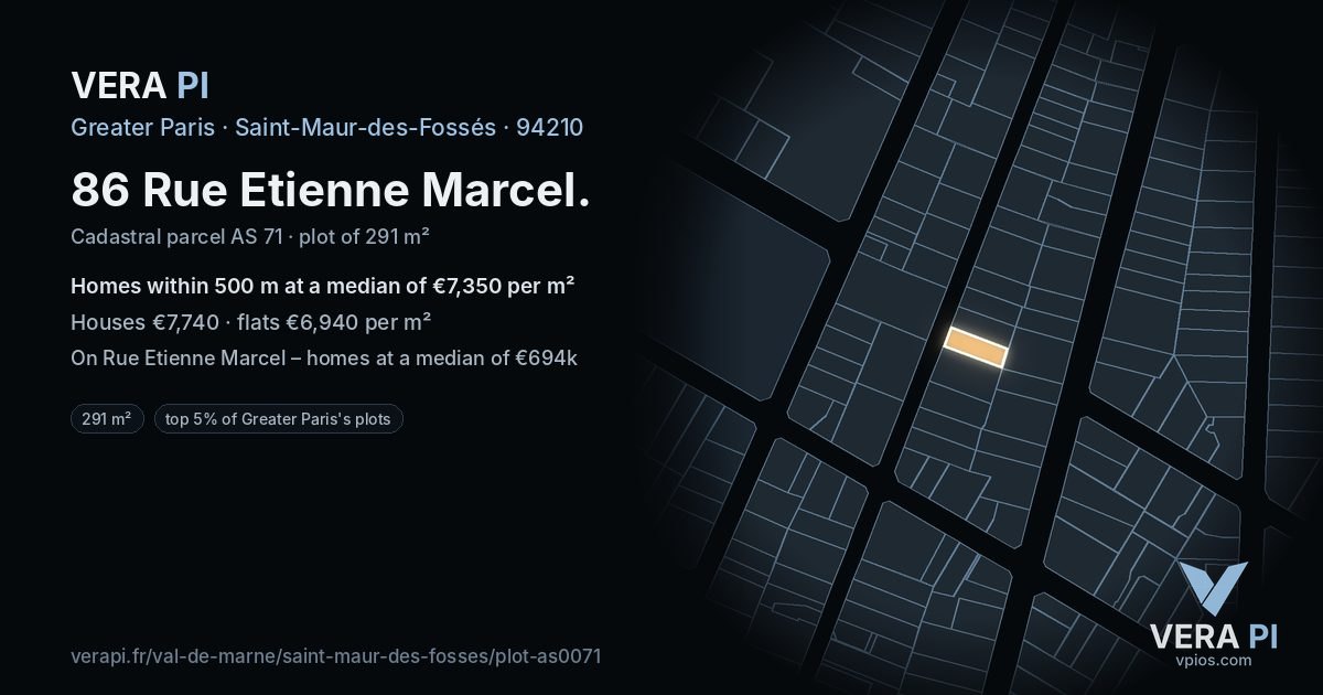 86 Rue Etienne Marcel, Saint-Maur-des-Fossés at night – the plot lit, the parcels around coloured by the prices near them
