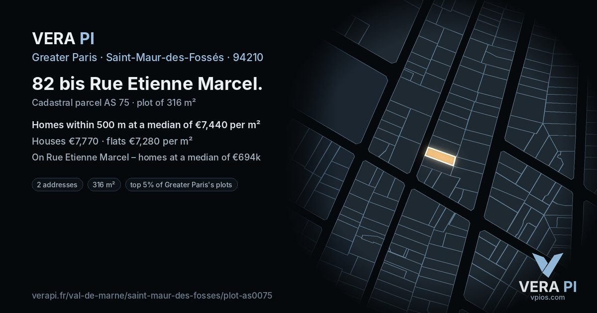 82 bis Rue Etienne Marcel, Saint-Maur-des-Fossés at night – the plot lit, the parcels around coloured by the prices near them