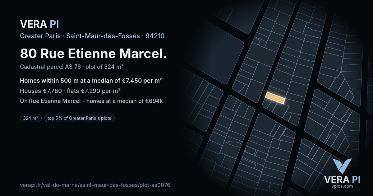 80 Rue Etienne Marcel, Saint-Maur-des-Fossés at night – the plot lit, the parcels around coloured by the prices near them