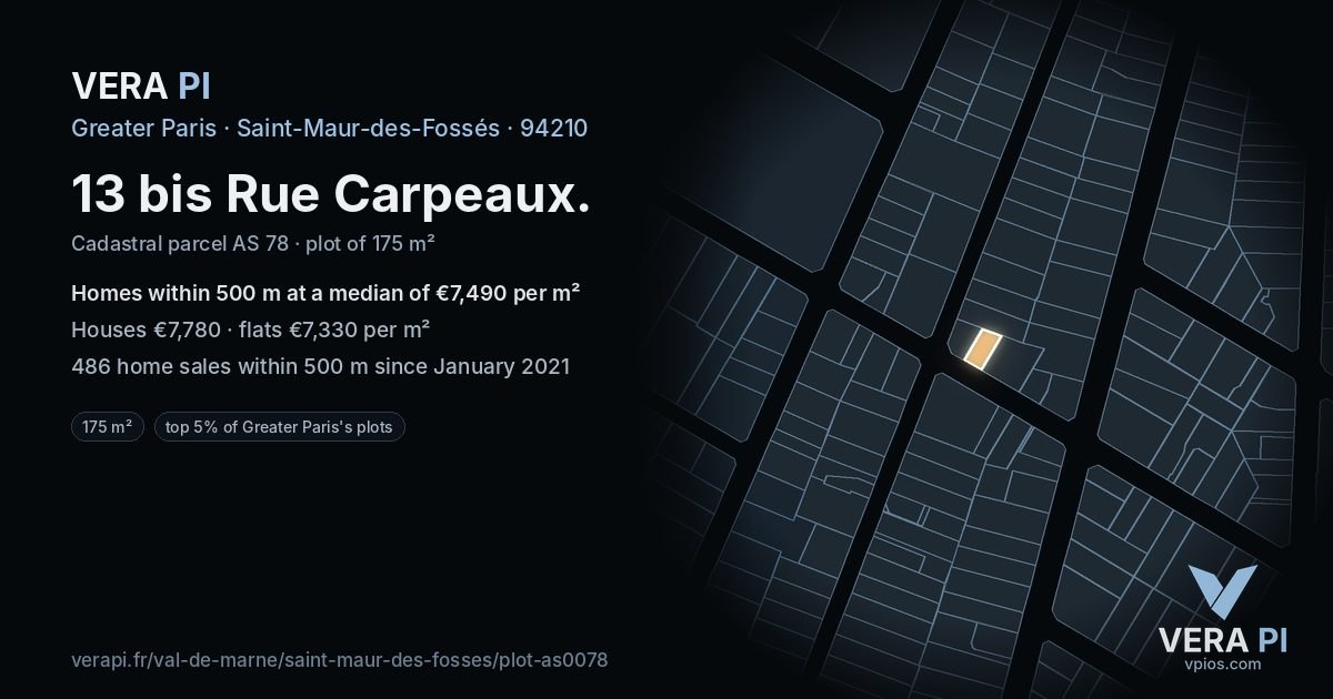 13 bis Rue Carpeaux, Saint-Maur-des-Fossés at night – the plot lit, the parcels around coloured by the prices near them