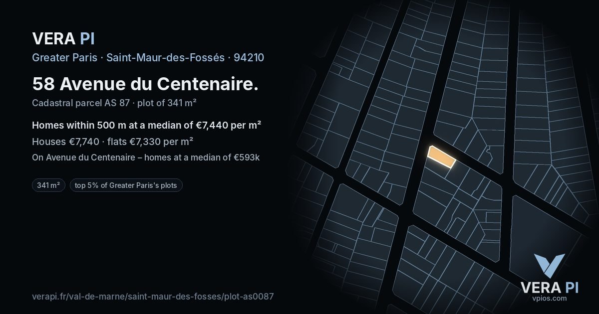 58 Avenue du Centenaire, Saint-Maur-des-Fossés at night – the plot lit, the parcels around coloured by the prices near them