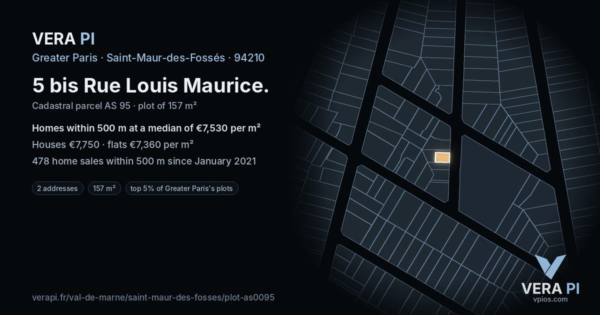 5 bis Rue Louis Maurice, Saint-Maur-des-Fossés at night – the plot lit, the parcels around coloured by the prices near them