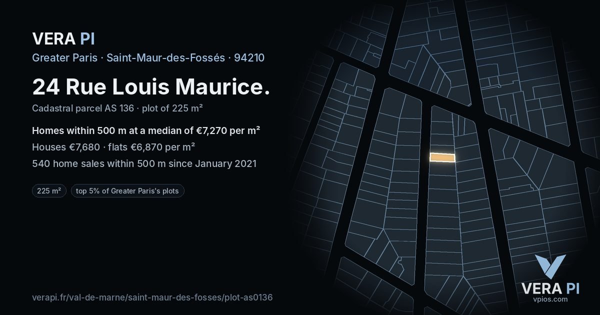 24 Rue Louis Maurice, Saint-Maur-des-Fossés at night – the plot lit, the parcels around coloured by the prices near them