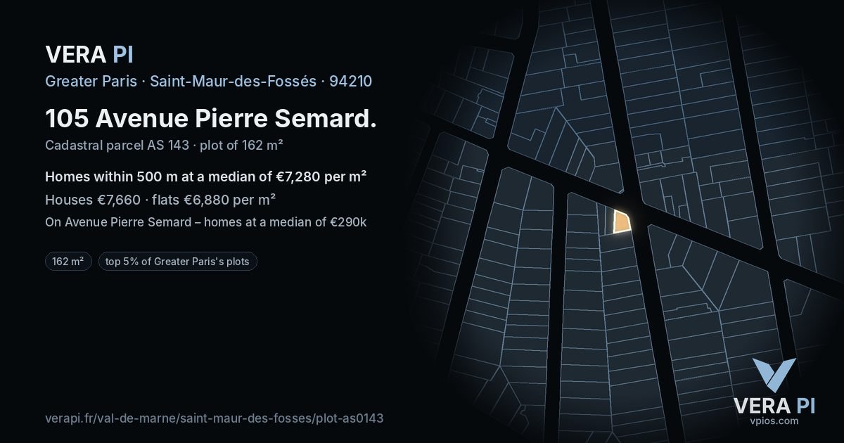 105 Avenue Pierre Semard, Saint-Maur-des-Fossés at night – the plot lit, the parcels around coloured by the prices near them
