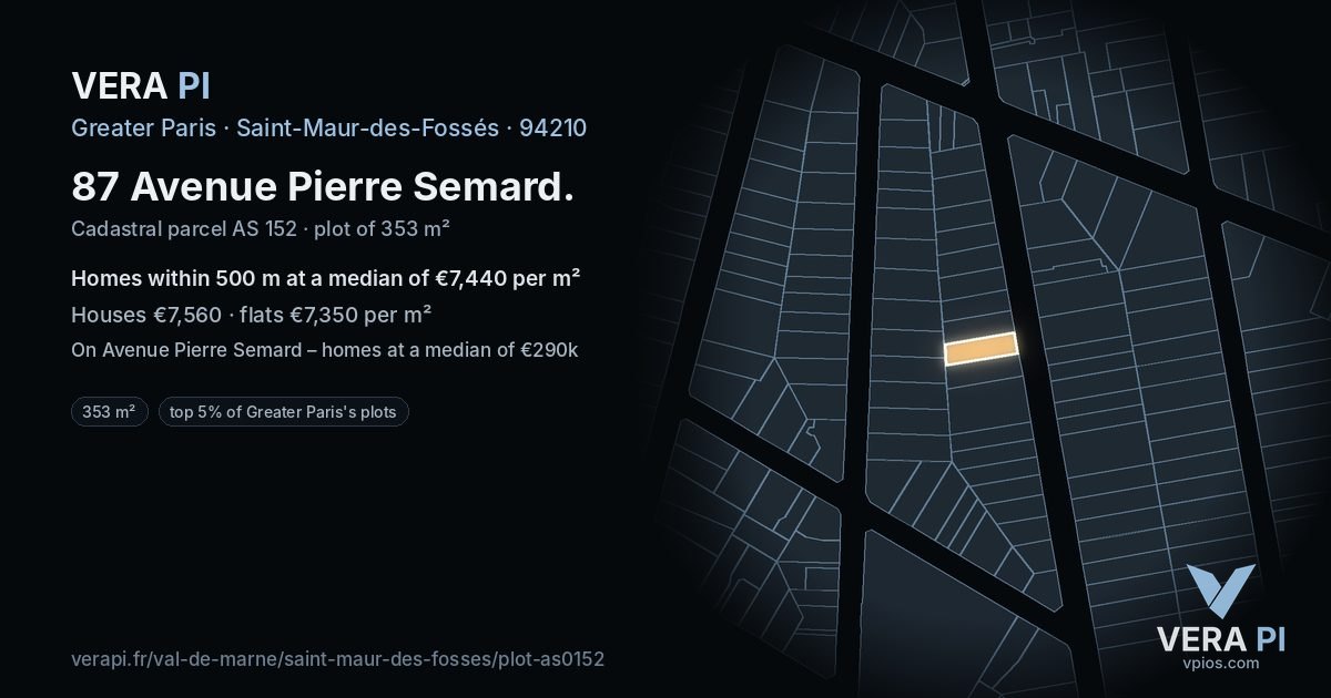 87 Avenue Pierre Semard, Saint-Maur-des-Fossés at night – the plot lit, the parcels around coloured by the prices near them