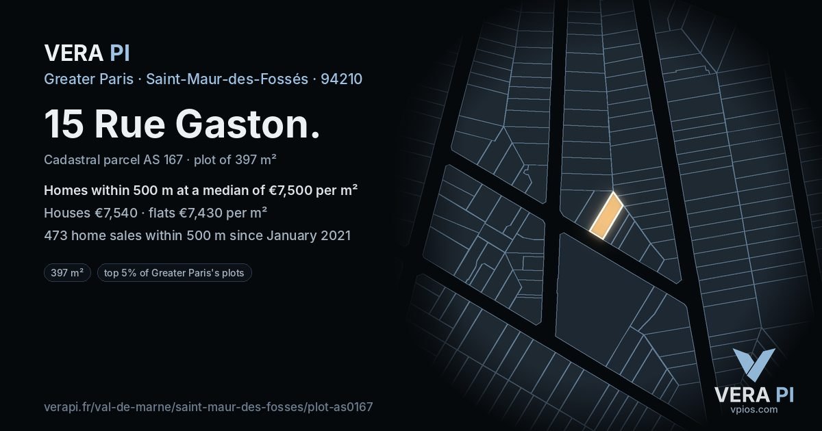 15 Rue Gaston, Saint-Maur-des-Fossés at night – the plot lit, the parcels around coloured by the prices near them