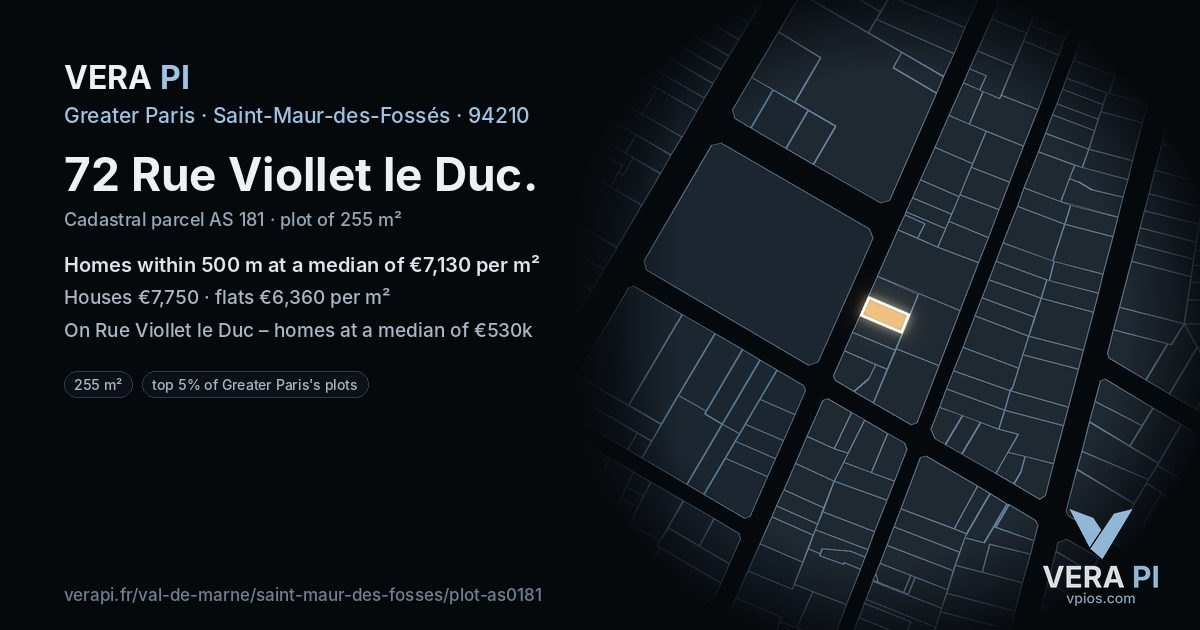72 Rue Viollet le Duc, Saint-Maur-des-Fossés at night – the plot lit, the parcels around coloured by the prices near them