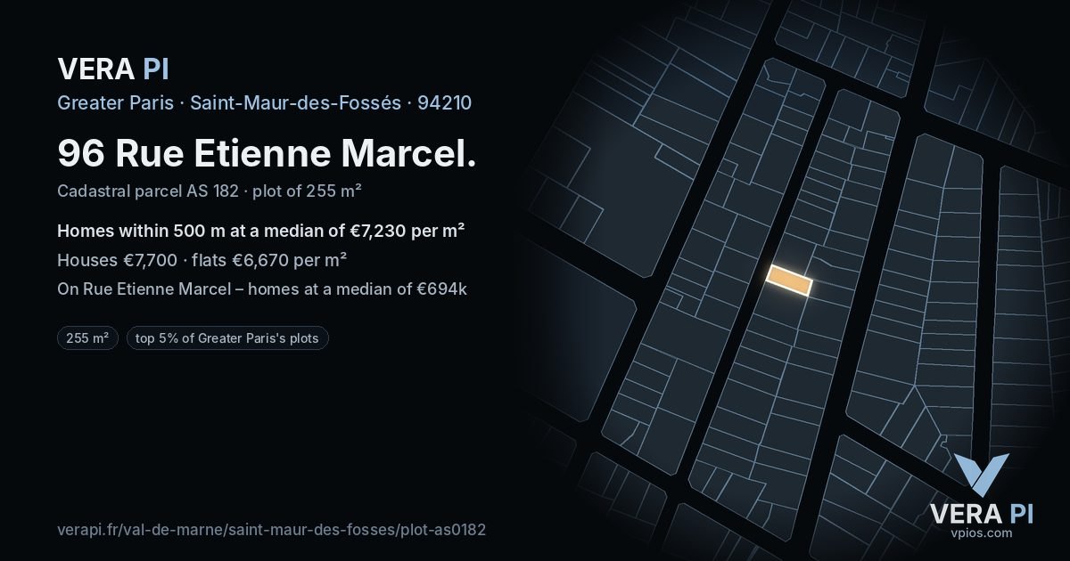 96 Rue Etienne Marcel, Saint-Maur-des-Fossés at night – the plot lit, the parcels around coloured by the prices near them