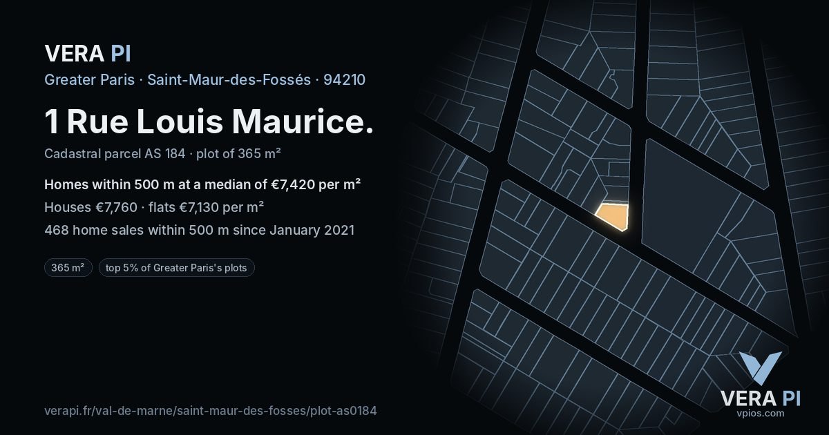 1 Rue Louis Maurice, Saint-Maur-des-Fossés at night – the plot lit, the parcels around coloured by the prices near them