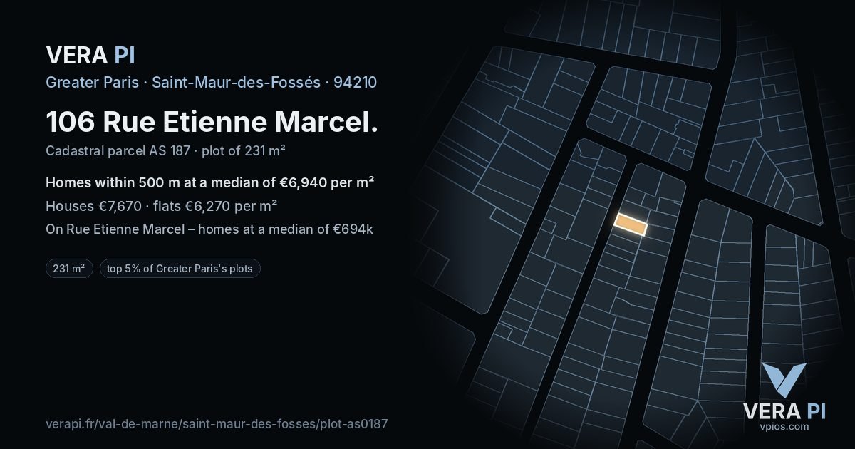 106 Rue Etienne Marcel, Saint-Maur-des-Fossés at night – the plot lit, the parcels around coloured by the prices near them