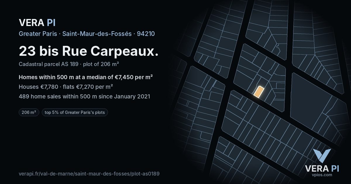 23 bis Rue Carpeaux, Saint-Maur-des-Fossés at night – the plot lit, the parcels around coloured by the prices near them