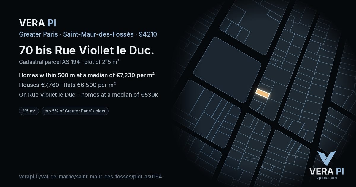 70 bis Rue Viollet le Duc, Saint-Maur-des-Fossés at night – the plot lit, the parcels around coloured by the prices near them