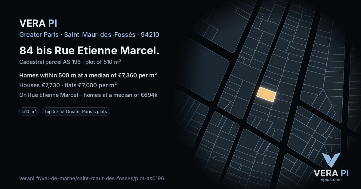 84 bis Rue Etienne Marcel, Saint-Maur-des-Fossés at night – the plot lit, the parcels around coloured by the prices near them