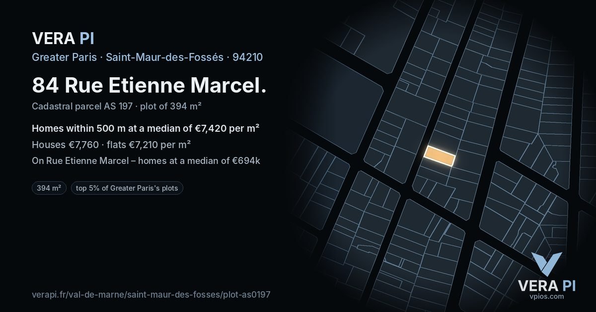 84 Rue Etienne Marcel, Saint-Maur-des-Fossés at night – the plot lit, the parcels around coloured by the prices near them
