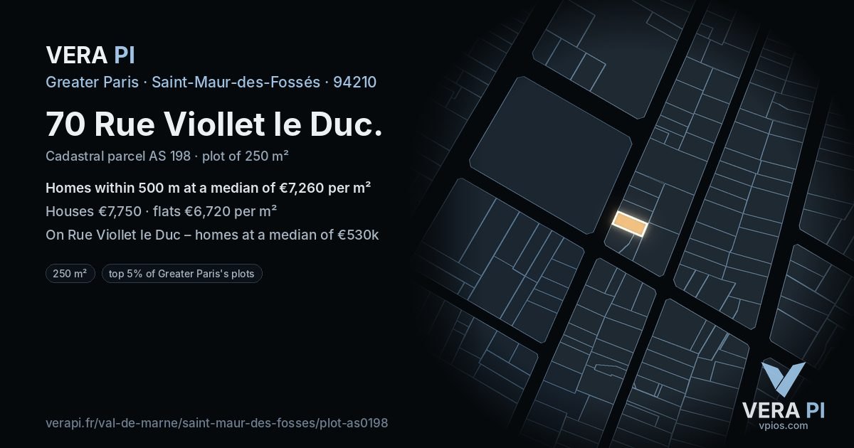70 Rue Viollet le Duc, Saint-Maur-des-Fossés at night – the plot lit, the parcels around coloured by the prices near them