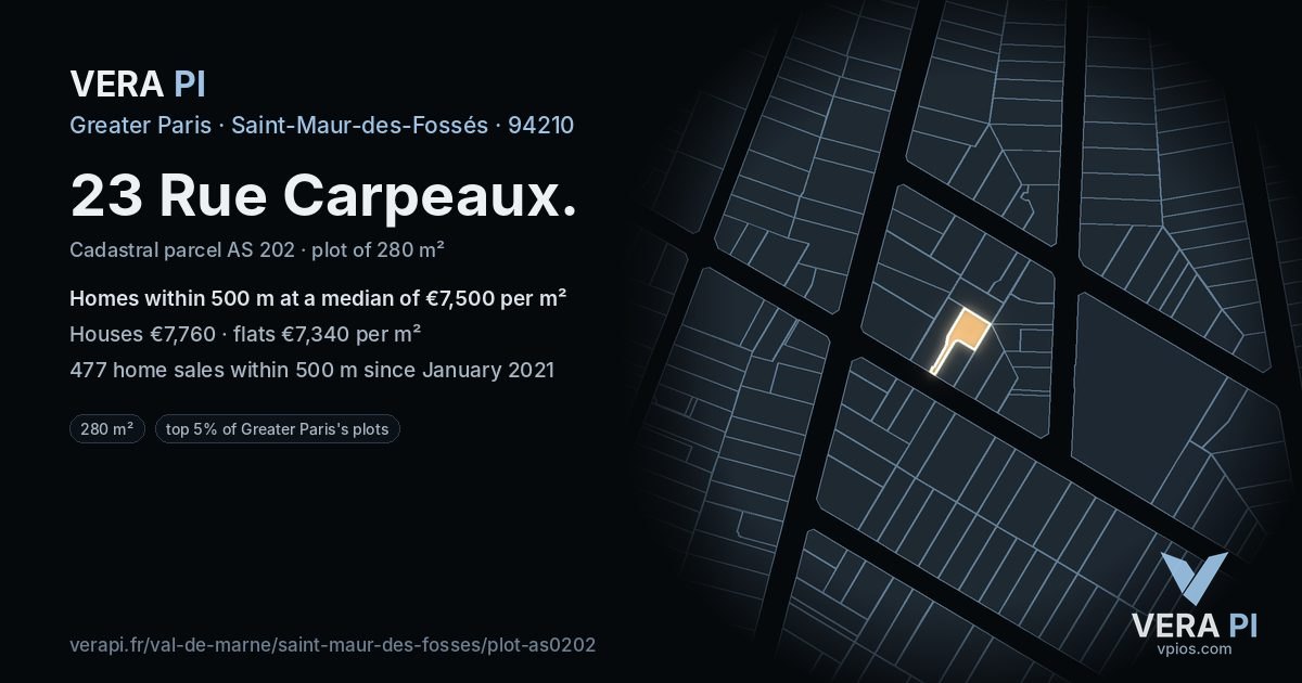 23 Rue Carpeaux, Saint-Maur-des-Fossés at night – the plot lit, the parcels around coloured by the prices near them