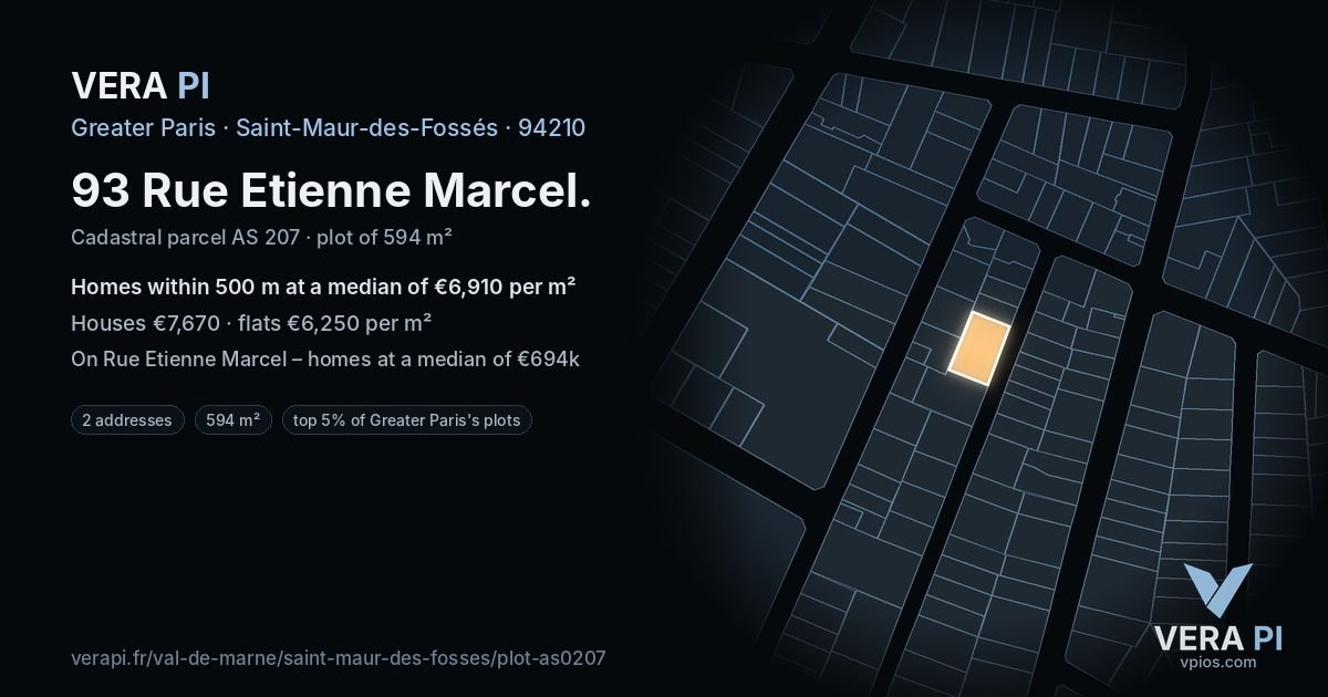 93 Rue Etienne Marcel, Saint-Maur-des-Fossés at night – the plot lit, the parcels around coloured by the prices near them
