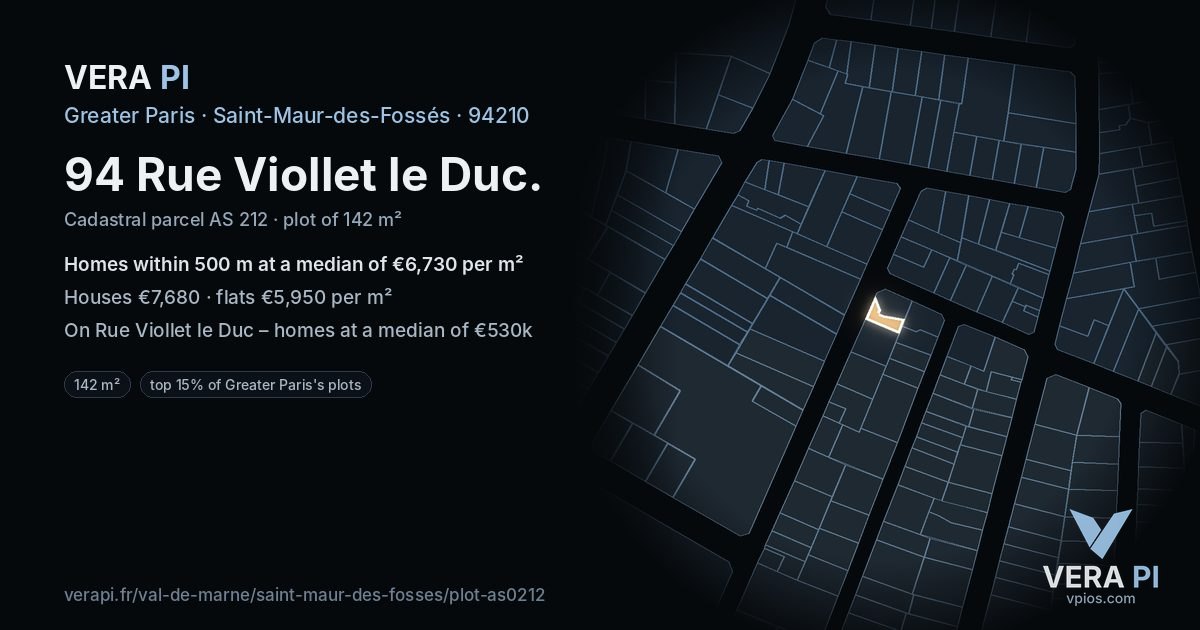 94 Rue Viollet le Duc, Saint-Maur-des-Fossés at night – the plot lit, the parcels around coloured by the prices near them