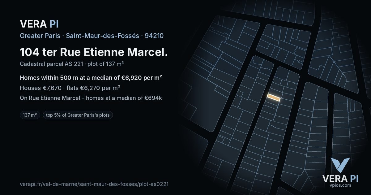 104 ter Rue Etienne Marcel, Saint-Maur-des-Fossés at night – the plot lit, the parcels around coloured by the prices near them