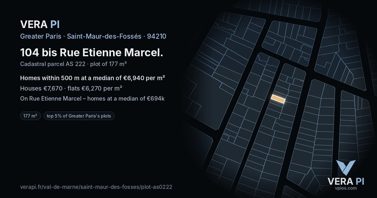 104 bis Rue Etienne Marcel, Saint-Maur-des-Fossés at night – the plot lit, the parcels around coloured by the prices near them