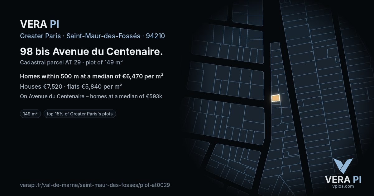 98 bis Avenue du Centenaire, Saint-Maur-des-Fossés at night – the plot lit, the parcels around coloured by the prices near them
