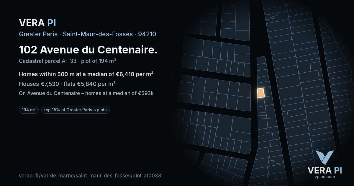 102 Avenue du Centenaire, Saint-Maur-des-Fossés at night – the plot lit, the parcels around coloured by the prices near them