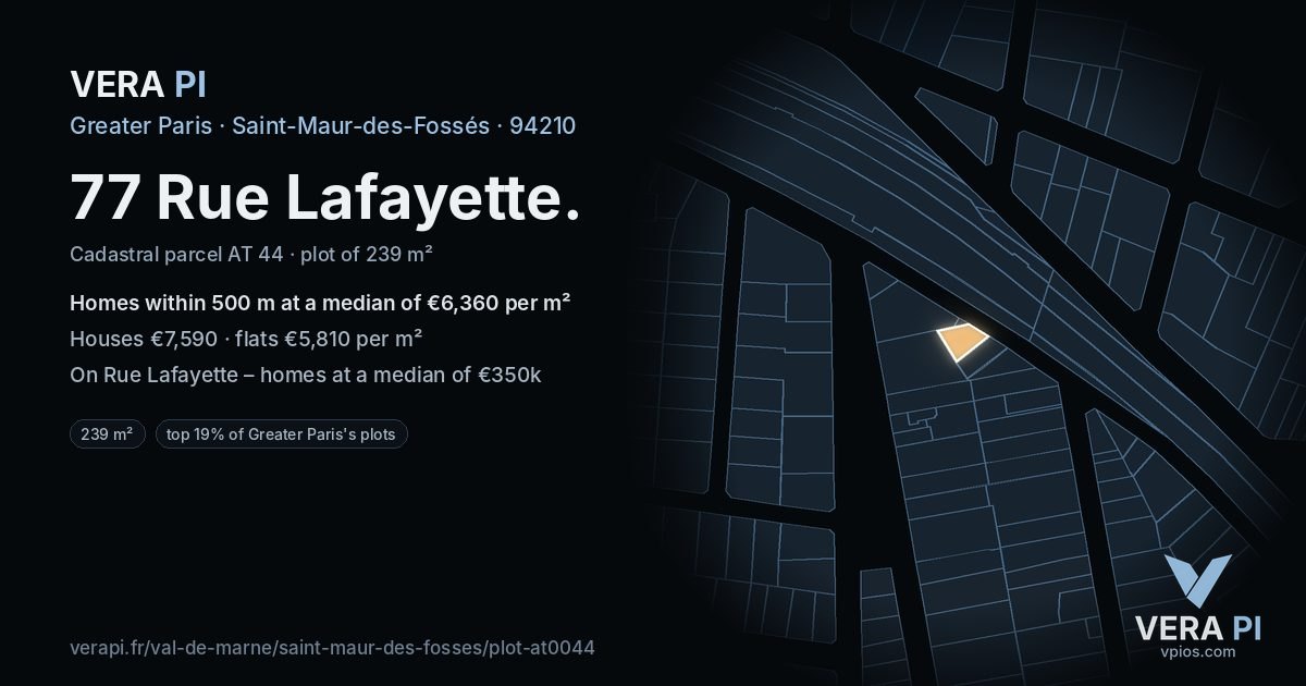 77 Rue Lafayette, Saint-Maur-des-Fossés at night – the plot lit, the parcels around coloured by the prices near them