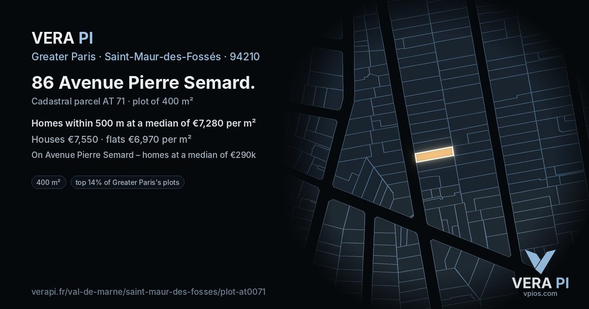 86 Avenue Pierre Semard, Saint-Maur-des-Fossés at night – the plot lit, the parcels around coloured by the prices near them