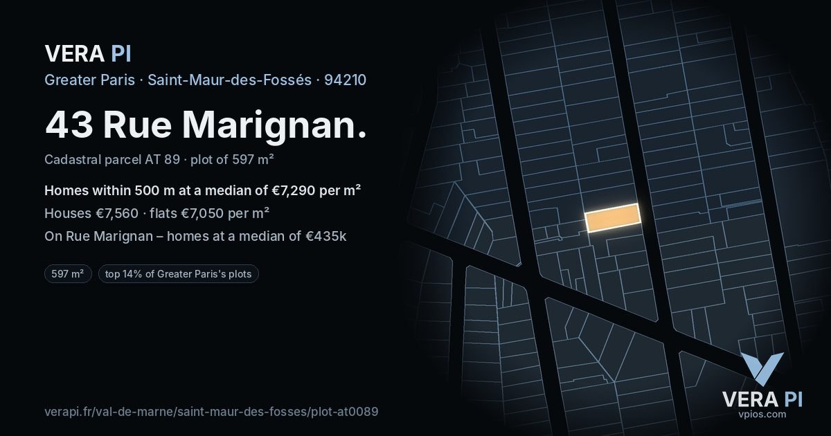 43 Rue Marignan, Saint-Maur-des-Fossés at night – the plot lit, the parcels around coloured by the prices near them