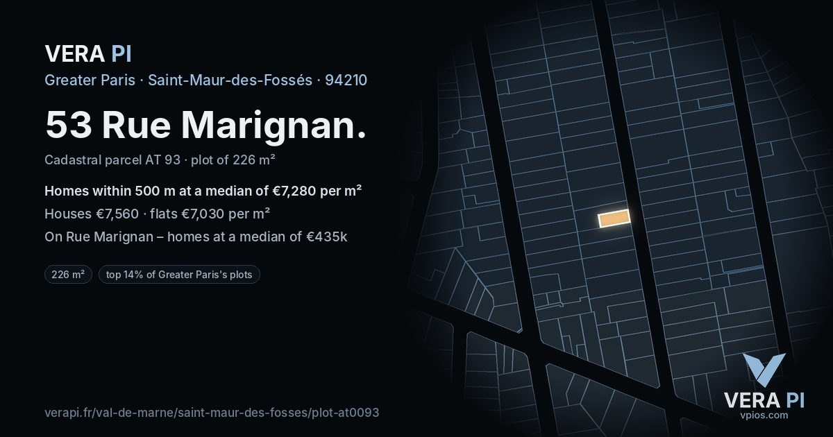 53 Rue Marignan, Saint-Maur-des-Fossés at night – the plot lit, the parcels around coloured by the prices near them