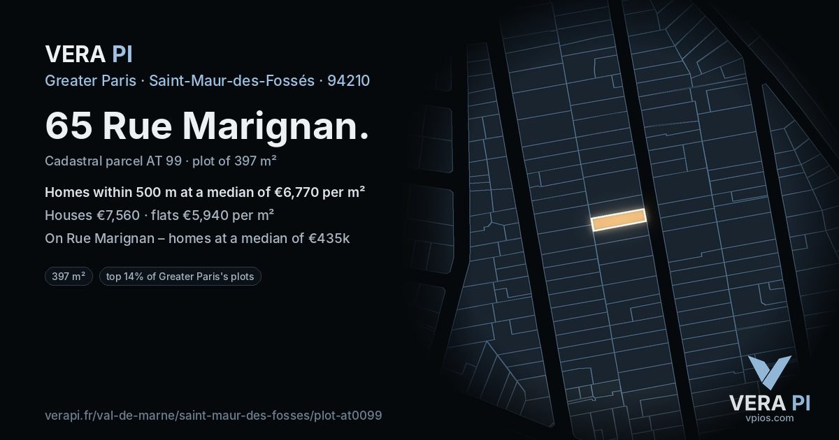 65 Rue Marignan, Saint-Maur-des-Fossés at night – the plot lit, the parcels around coloured by the prices near them