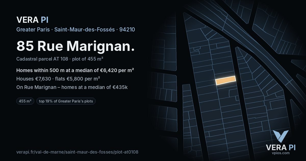 85 Rue Marignan, Saint-Maur-des-Fossés at night – the plot lit, the parcels around coloured by the prices near them
