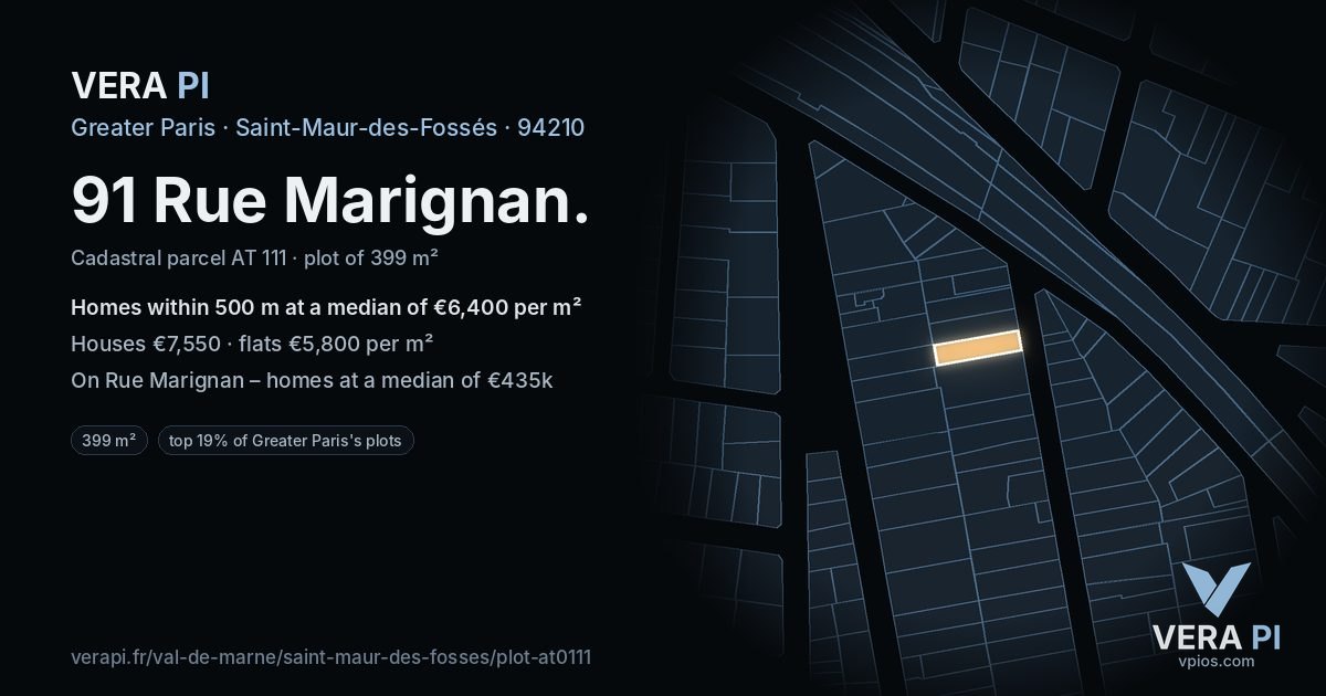 91 Rue Marignan, Saint-Maur-des-Fossés at night – the plot lit, the parcels around coloured by the prices near them