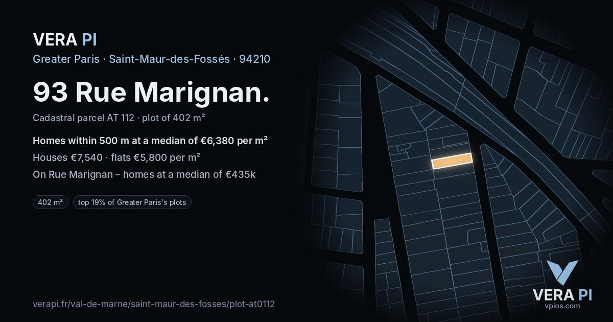 93 Rue Marignan, Saint-Maur-des-Fossés at night – the plot lit, the parcels around coloured by the prices near them