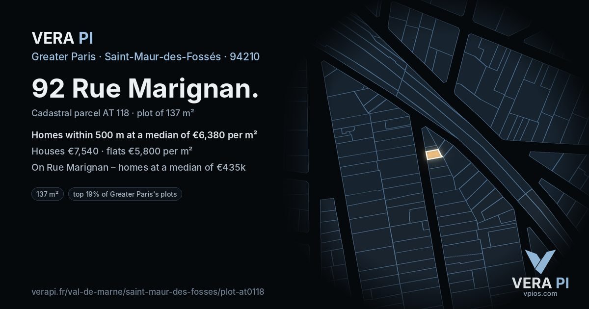 92 Rue Marignan, Saint-Maur-des-Fossés at night – the plot lit, the parcels around coloured by the prices near them