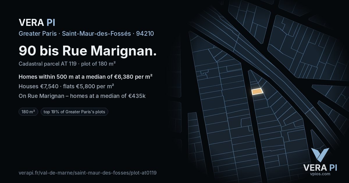 90 bis Rue Marignan, Saint-Maur-des-Fossés at night – the plot lit, the parcels around coloured by the prices near them
