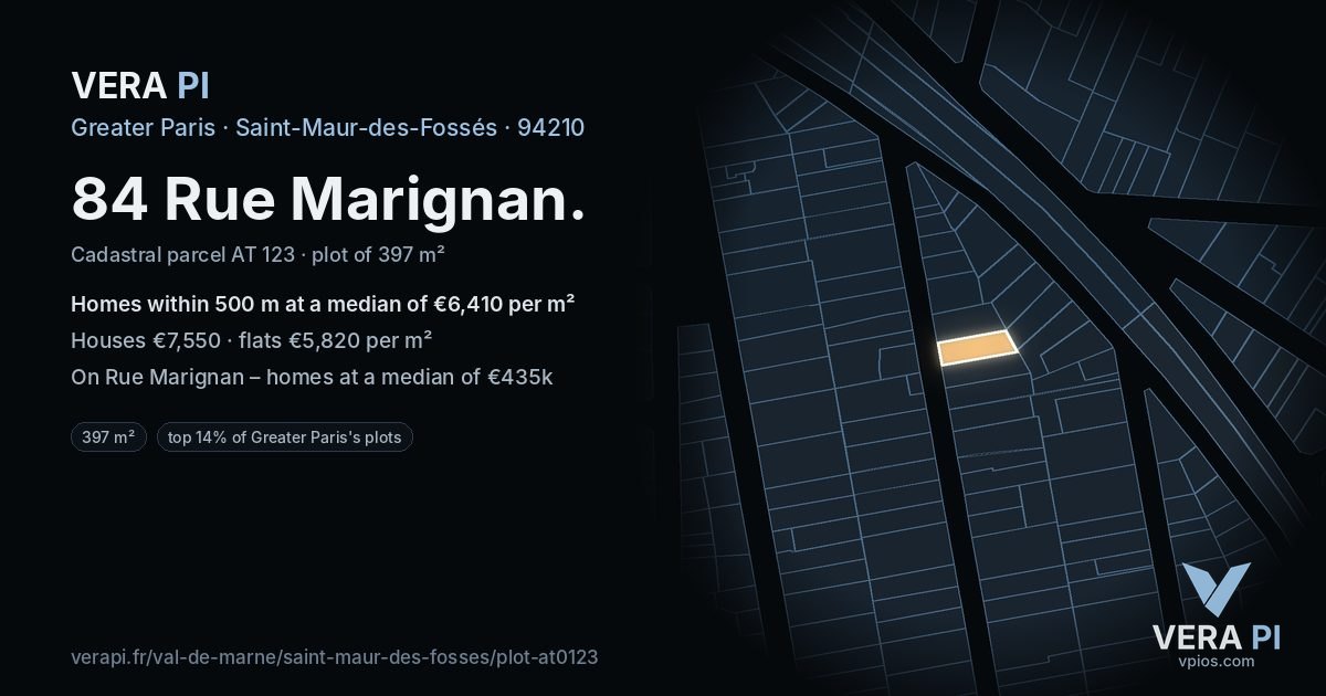 84 Rue Marignan, Saint-Maur-des-Fossés at night – the plot lit, the parcels around coloured by the prices near them