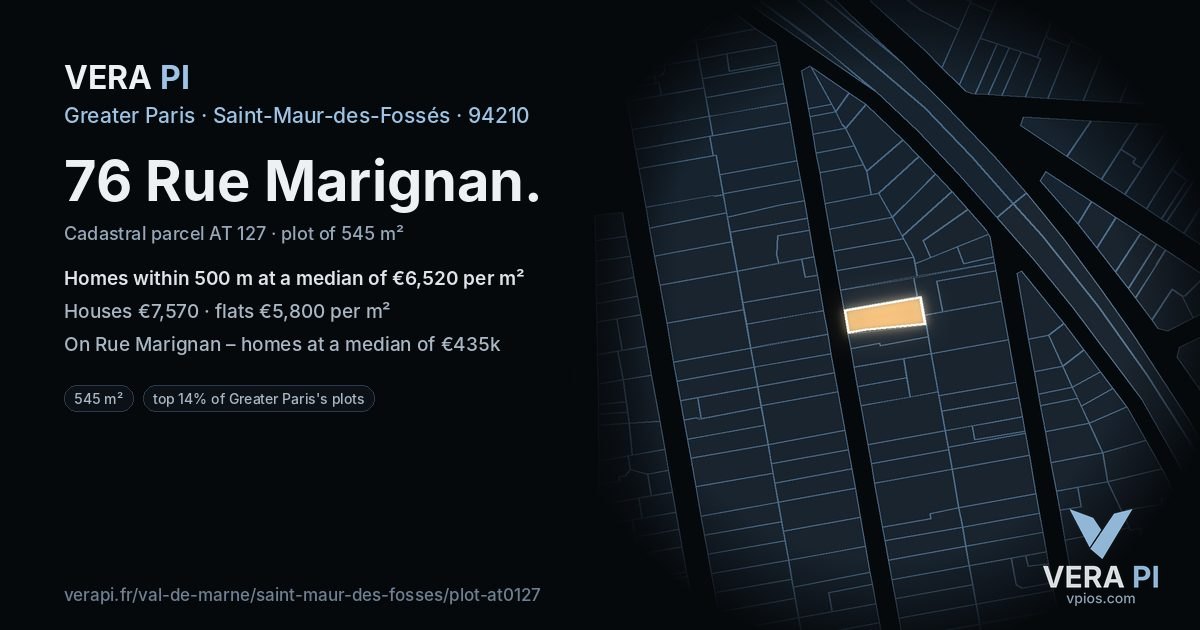 76 Rue Marignan, Saint-Maur-des-Fossés at night – the plot lit, the parcels around coloured by the prices near them