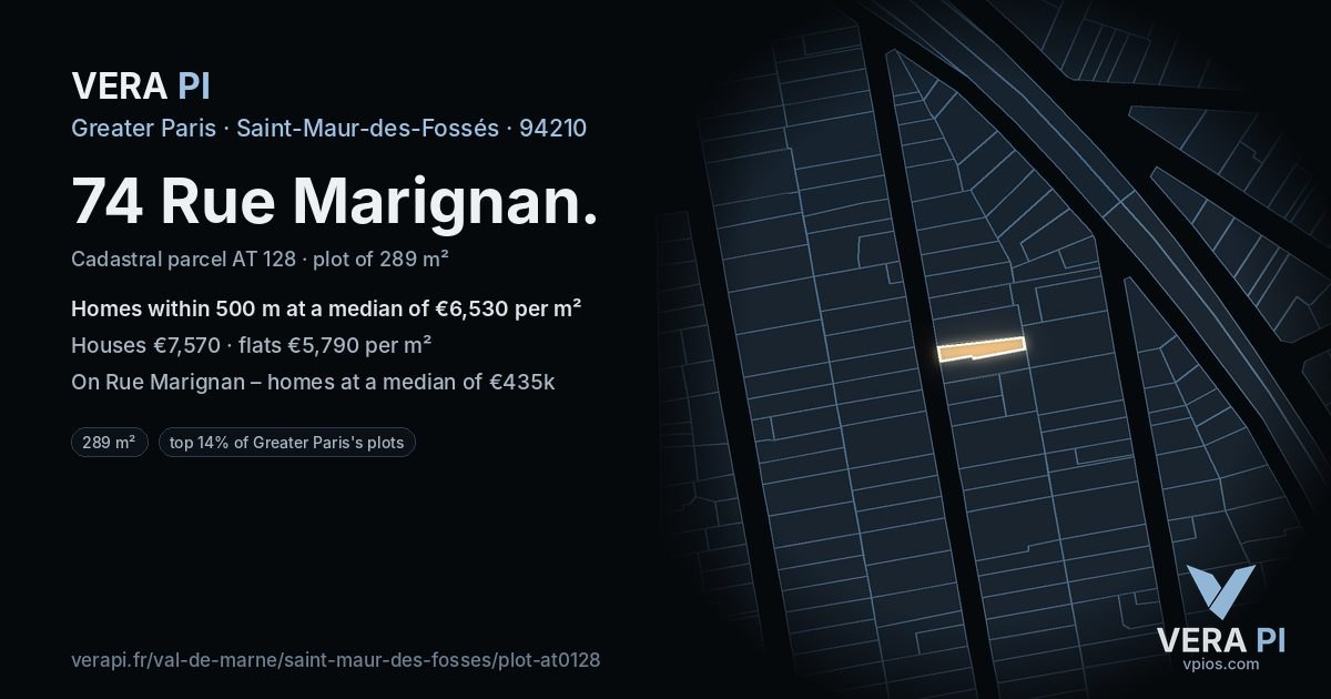 74 Rue Marignan, Saint-Maur-des-Fossés at night – the plot lit, the parcels around coloured by the prices near them