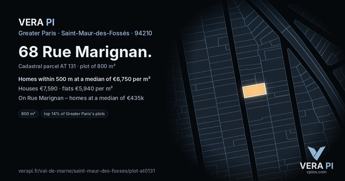 68 Rue Marignan, Saint-Maur-des-Fossés at night – the plot lit, the parcels around coloured by the prices near them