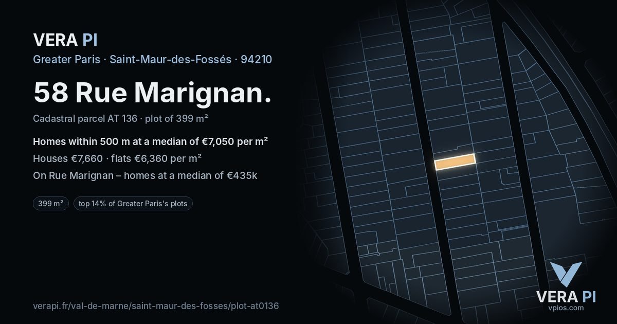 58 Rue Marignan, Saint-Maur-des-Fossés at night – the plot lit, the parcels around coloured by the prices near them
