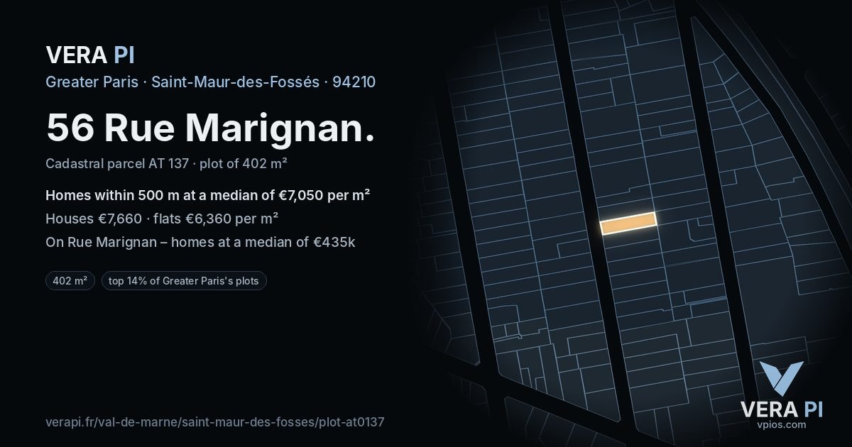 56 Rue Marignan, Saint-Maur-des-Fossés at night – the plot lit, the parcels around coloured by the prices near them
