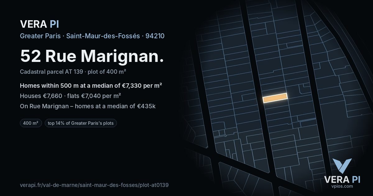 52 Rue Marignan, Saint-Maur-des-Fossés at night – the plot lit, the parcels around coloured by the prices near them