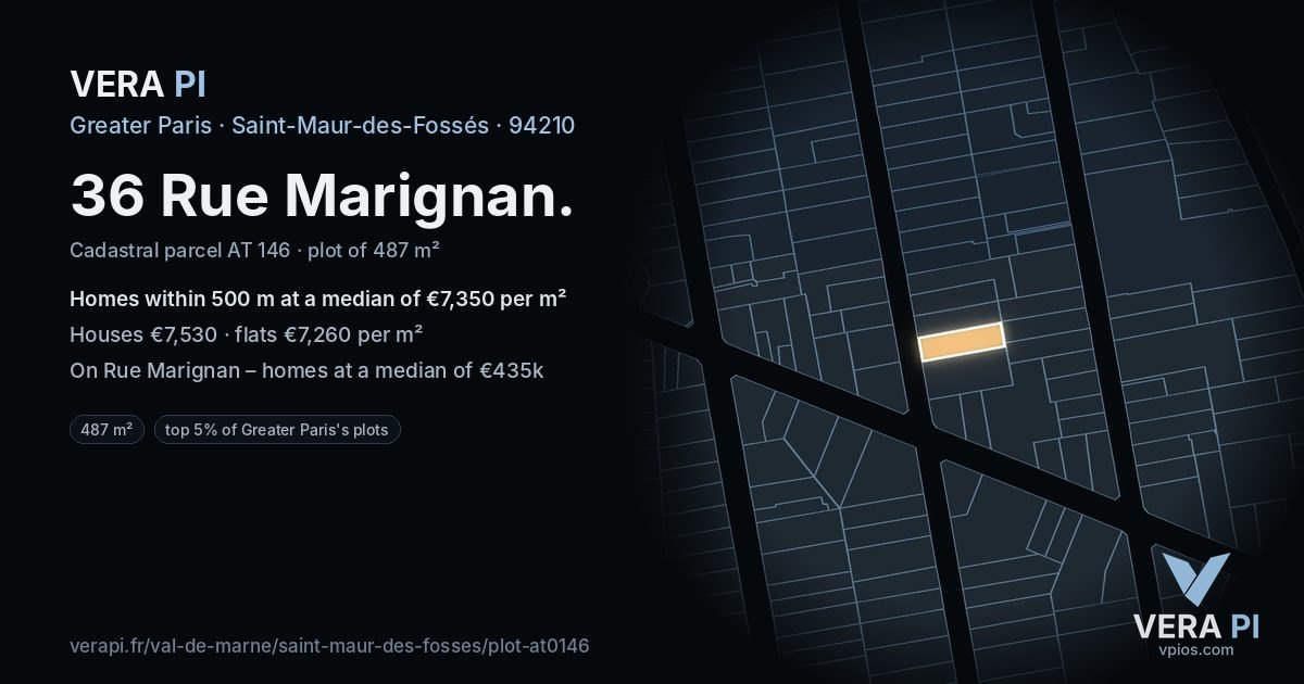 36 Rue Marignan, Saint-Maur-des-Fossés at night – the plot lit, the parcels around coloured by the prices near them