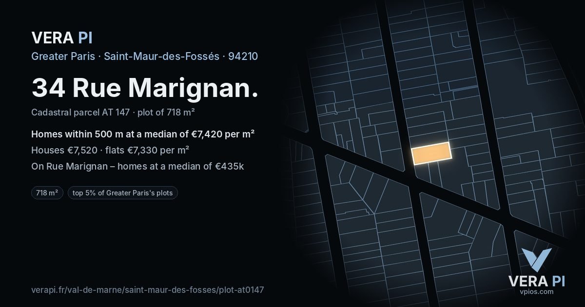34 Rue Marignan, Saint-Maur-des-Fossés at night – the plot lit, the parcels around coloured by the prices near them