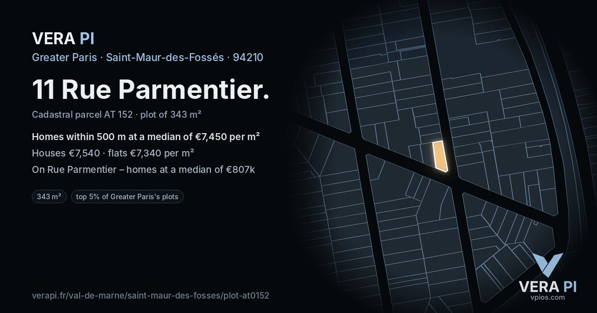 11 Rue Parmentier, Saint-Maur-des-Fossés at night – the plot lit, the parcels around coloured by the prices near them