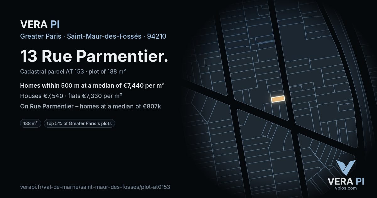 13 Rue Parmentier, Saint-Maur-des-Fossés at night – the plot lit, the parcels around coloured by the prices near them